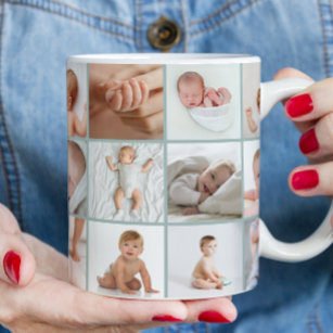 Babies first year photo collage script green frosted glass coffee mug