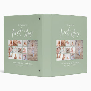 Babies first year photo collage script green faux  binder