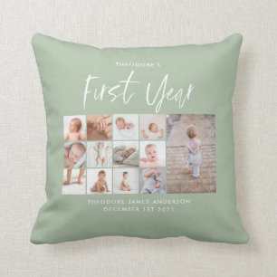 Babies first year photo collage script green faux throw pillow