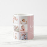 Babies first year photo collage script pink girly coffee mug<br><div class="desc">Babies first year photo collage script pastel pink modern contemporary first birthday or Christmas home decor gift.</div>