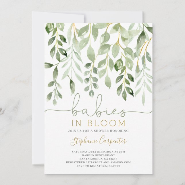 Babies in Bloom greenery twins invitation (Front)