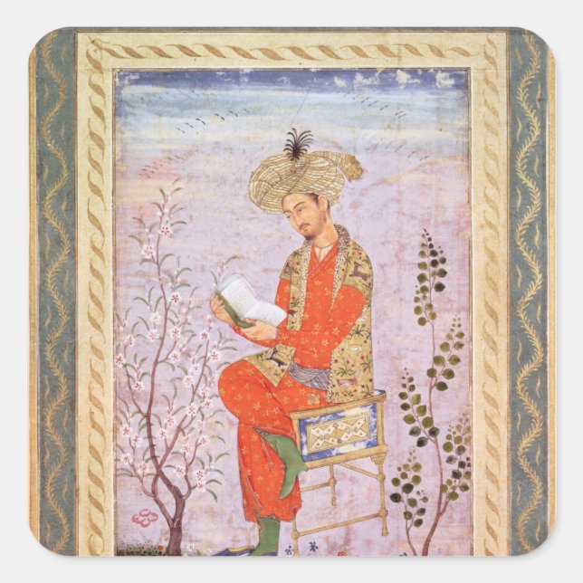 Babur  Reading, Mughal Square Sticker (Front)