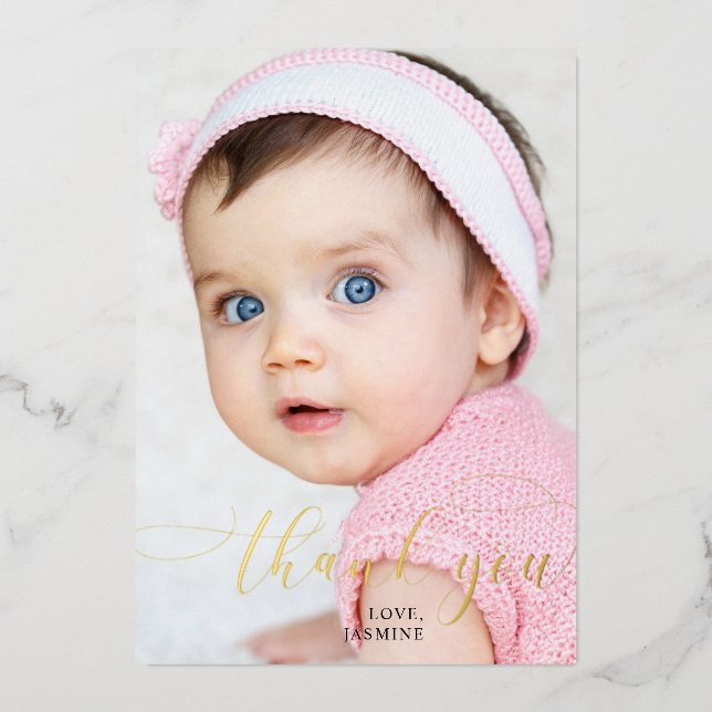 Baby 1st Birthday Thank you Elegant Script Swashes Foil Holiday Card (Front)