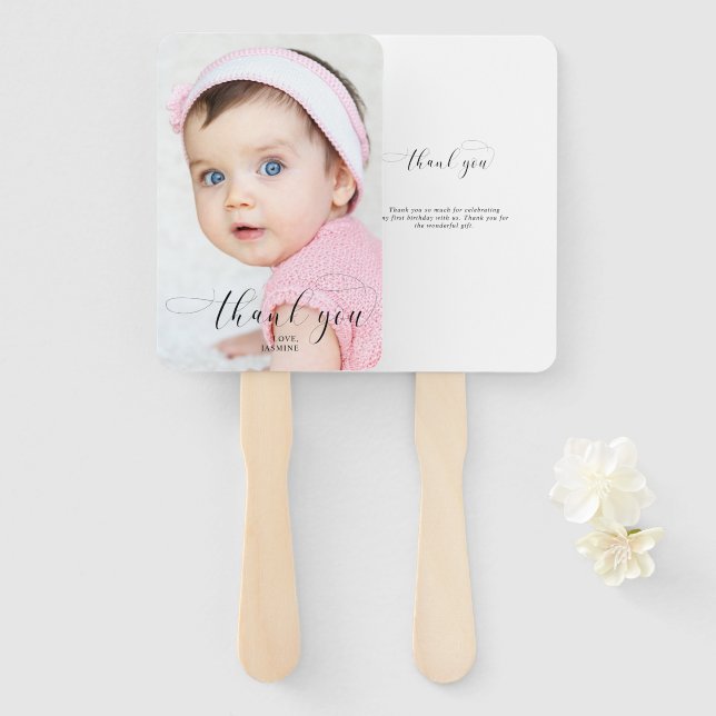 Baby 1st Birthday Thank you Elegant Script Swashes Hand Fan (Front and Back)