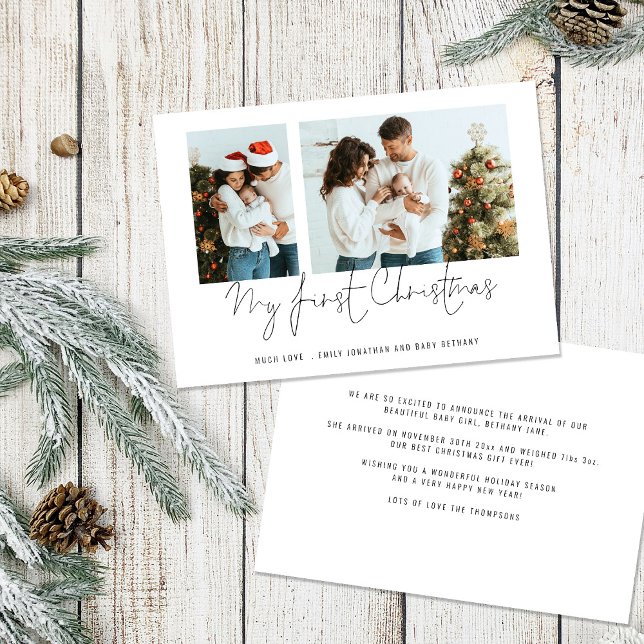 Baby 1st Christmas 2 Photos Script Birth Announce Holiday Card (Creator Uploaded)