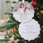 Baby 1st Christmas Birth Stats Photo Overlay Ornament Card<br><div class="desc">Baby 1st Christmas Birth Stats Photo Overlay. This handy all-in-one has your birth announcement and Christmas wishes along with a photo of your new arrival with the most precious gift of all and birth stats on the front and your greeting and names on the back, ready for your recipients to...</div>