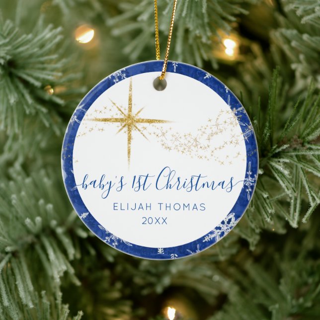 Baby 1st Christmas Blue Snowflake Gold Stars Photo Ceramic Ornament (Tree)