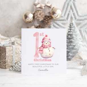 Baby 1st Christmas Cute Pink Snowman  Holiday Card