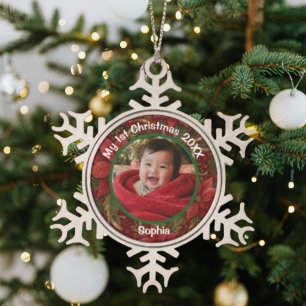 Baby 1st Christmas Floral Crimson Photo Name Year Snowflake Pewter Christmas Ornament