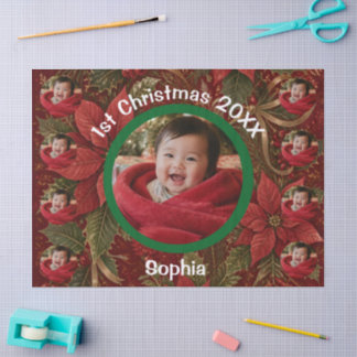 Baby 1st Christmas Floral Crimson Photo Name Year Tissue Paper