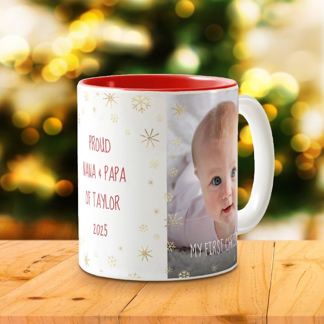 Baby 1st Christmas Grandparents Snowflakes 2 Photo Two-Tone Coffee Mug (Creator Uploaded)
