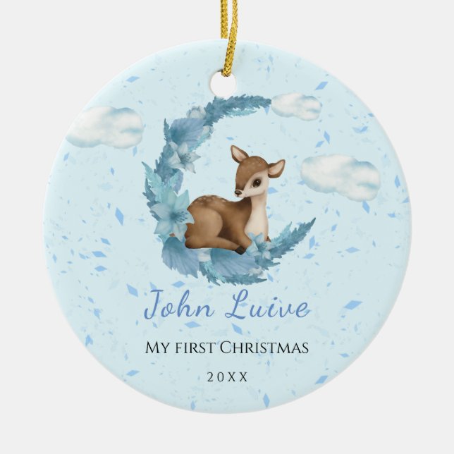 Baby 1st Christmas little Bambi Flowers Dust Cloud Ceramic Ornament (Front)