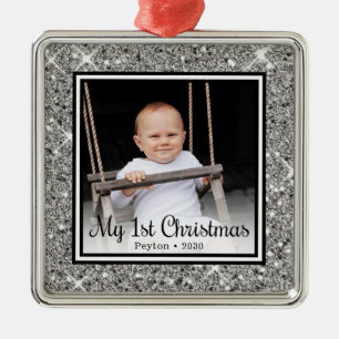 Baby' 1st Christmas Photo Silver Glitter Metal Ornament