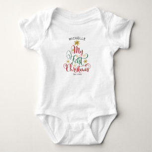 Baby 1st Christmas red green gold and white Bodysuit