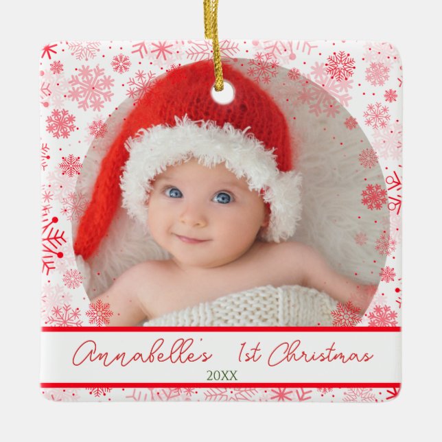Baby 1st Christmas Red Snowflake  Ceramic Ornament (Front)