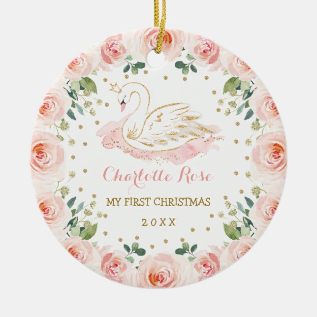 Baby 1st Christmas Swan Princess Blush Floral Ceramic Ornament (Front)