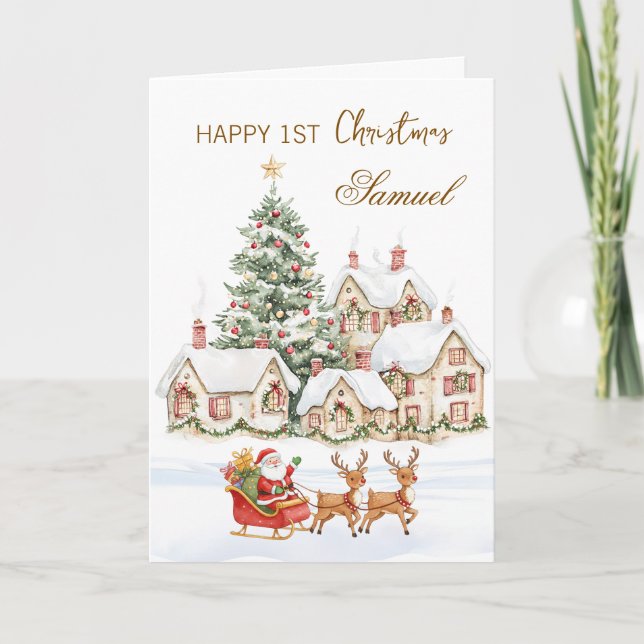 Baby 1st Christmas Tree Santa Reindeers Holiday Card (Front)
