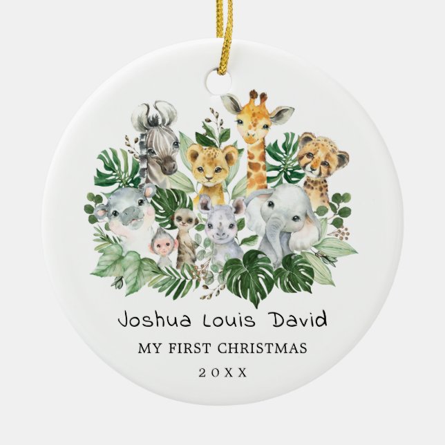 Baby 1st Christmas Tropical Jungle Wild Animals Ceramic Ornament (Front)