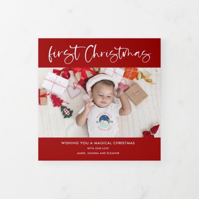 Baby 1st Christmas Year In Review 6 Photos Red  Tr Tri-Fold Holiday Card (Cover)