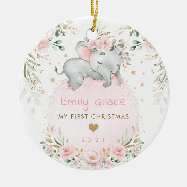 Baby 1st First Christmas Dreamy Blush Elephant Ceramic Ornament (Front)