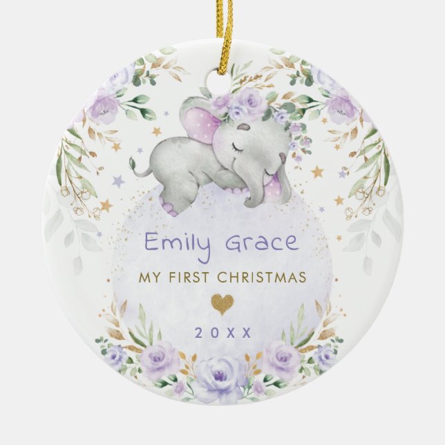 Baby 1st First Christmas Dreamy Purple Elephant Ceramic Ornament (Front)