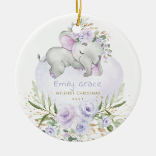 Baby 1st First Christmas Purple Floral Elephant Ceramic Ornament