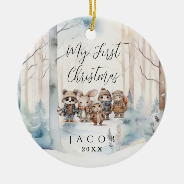 Baby 1st First Christmas Snowy Winter Woodland Cer Ceramic Ornament (Front)