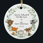 Baby 1st First Christmas Woodland Greenery Animals Ceramic Ornament<br><div class="desc">This whimsical design features a group of adorable forest animals and elegant botanical greenery wreath</div>