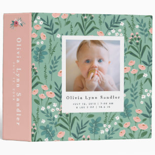 Baby 1st Year Photo Album Green Wildflower Pattern Binder