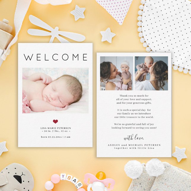 Baby 3 photo bienvenue typographie faire-part de n (This is a MINI CARD. Available in bigger sizes)