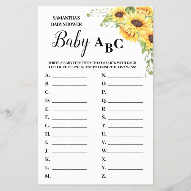 Baby ABC english spanish baby shower game card (Front)