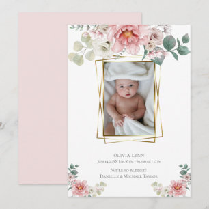 Baby Add Photo Baby Pink Peonies Gold Frame Invitation