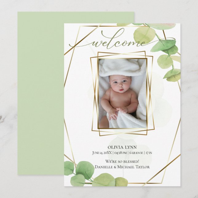 Baby |  Add Photo Modern Springtime Eucalyptus Invitation (Front/Back)