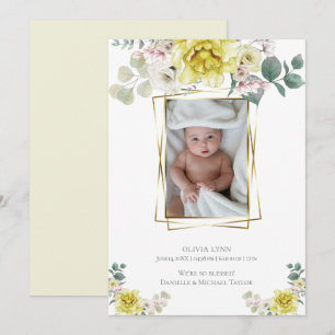 Baby Add Photo Yellow Peonies Gold Frame Invitation