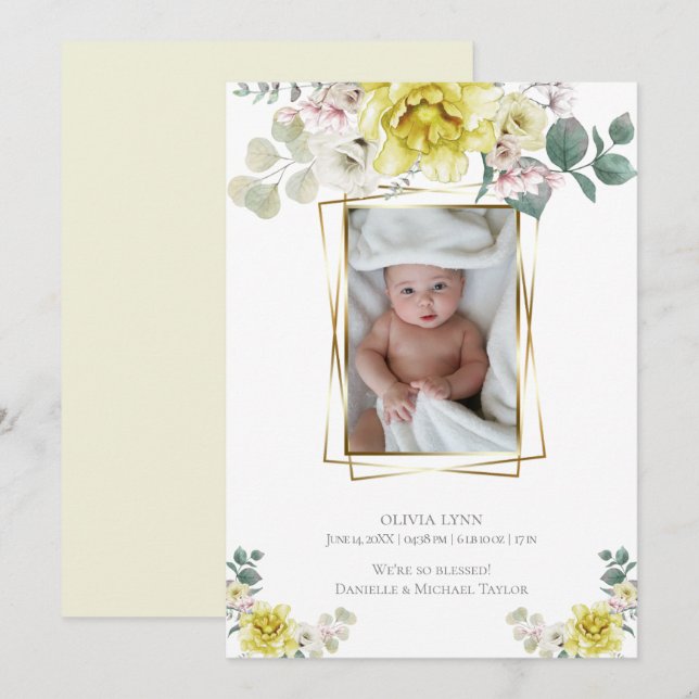 Baby |  Add Photo Yellow Peonies Gold Frame Invitation (Front/Back)