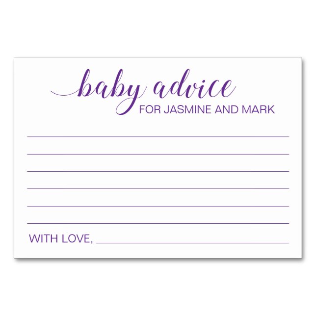 Baby Advice For New Parents Purple Baby Shower Table Number (Front)