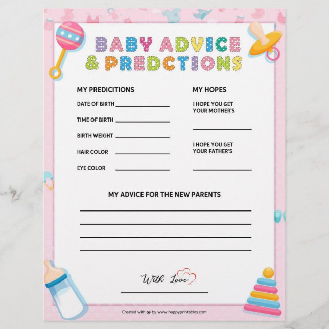 Baby Advice & Predictions [Baby Basics Pink] Letterhead (Front)