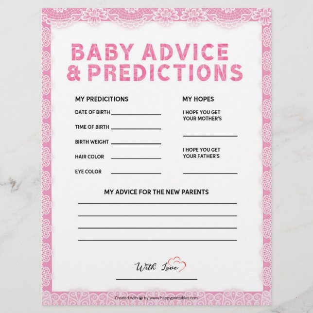 Baby Advice & Predictions [Luxury Lace [Pink]] Letterhead (Front)