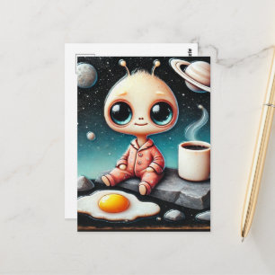 Baby Alien with Coffee and Egg Postcard