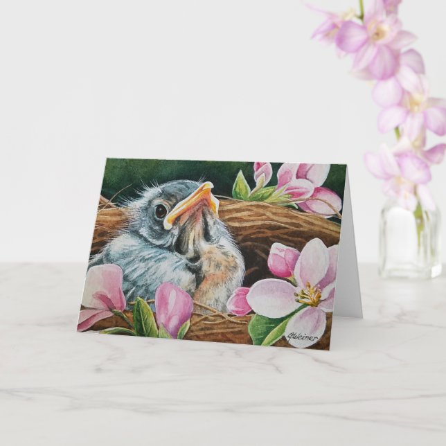 Baby American Robin Bird in Nest Watercolor Art Card (Orchid)