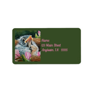 Baby American Robin Bird in Nest Watercolor Art Label