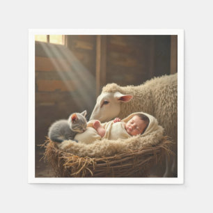 Baby and Kitten Sleeping In a Barn  Napkin