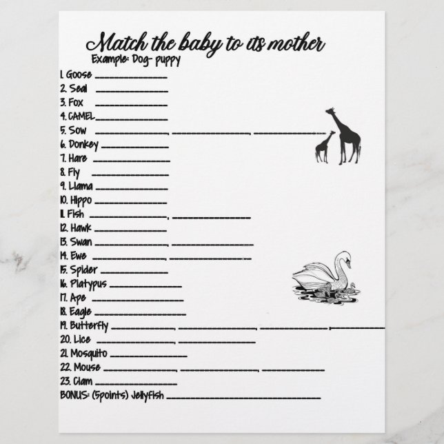 BABY AND MAMA ANIMAL MATCH GAME LETTERHEAD (Front)