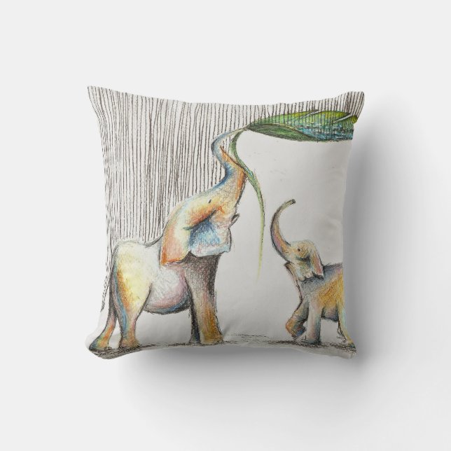 Baby and Mom Elephant Watercolor Throw Pillow (Front)