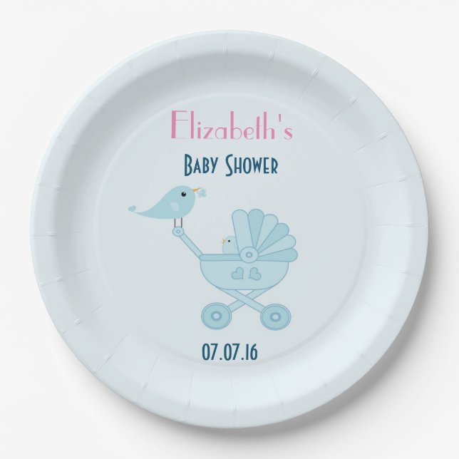 Baby and Mommy Bluebirds Baby Shower Paper Plate (Front)