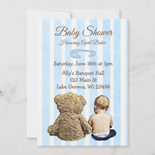 Baby and Teddy Bear Boys Baby Shower Invitation (Front)