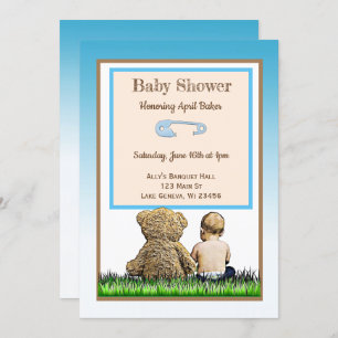 Baby and Teddy Bear Boys Baby Shower Invitation