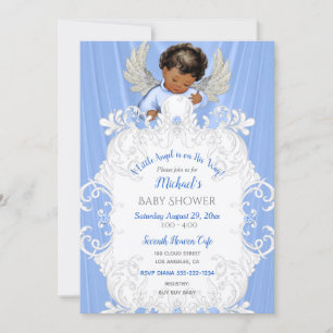 Baby Angel Blue Silver Dark Skin Tone Invitation
