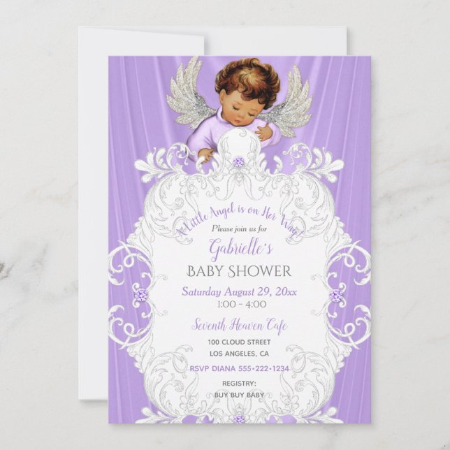 Baby Angel Lavender Silver Medium Skin Tone Invitation (Front)