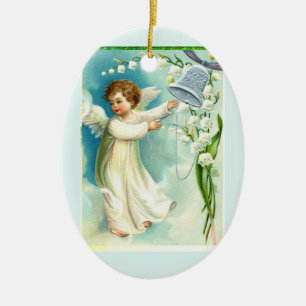 Baby Angel With Blue Bell Ceramic Ornament